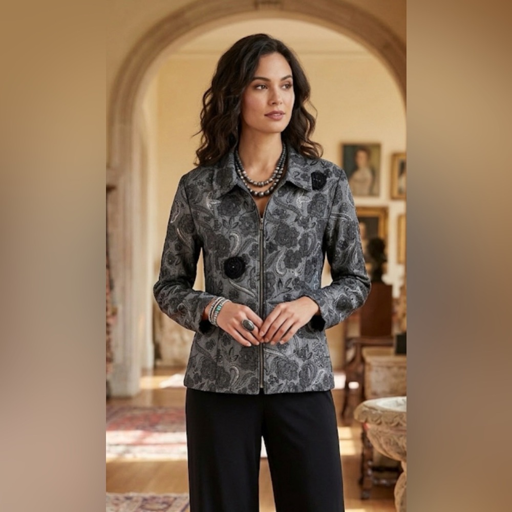 Multiples Embellished zip up Jacket sz L grey/black denim floral Boho Formal Par